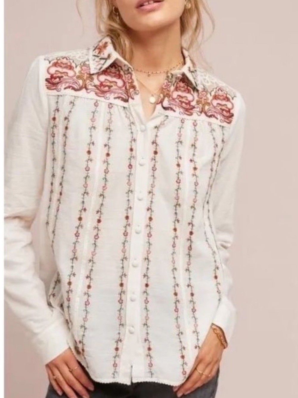 Anthropologie Akemi + Kin Embroidered Lace Boho Button Down Shirt Size 6